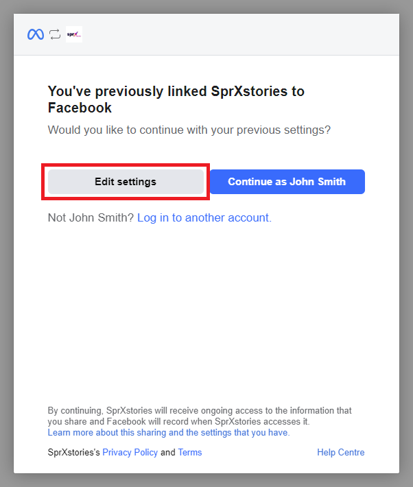 screenshot showing the facebook connection process, highlighting the location of the "Edit settings" button