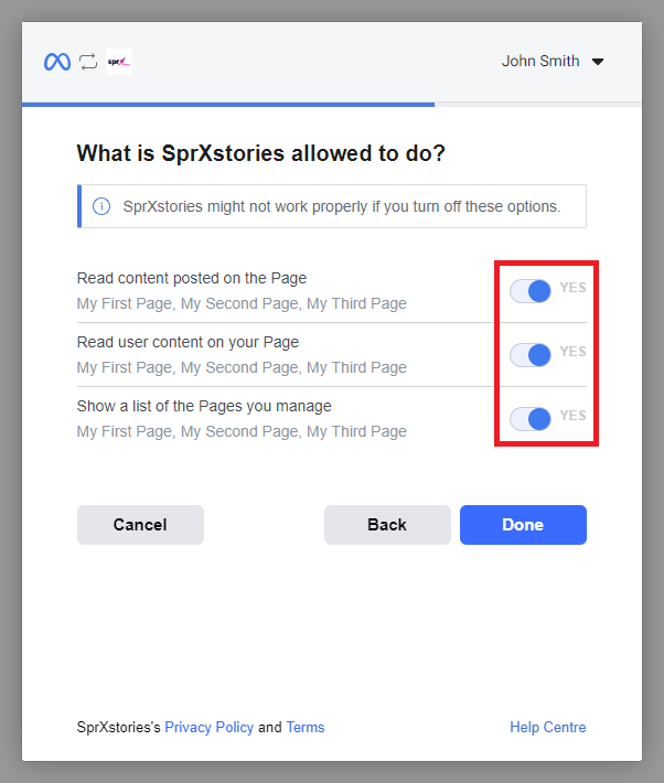 screenshot showing facebook access permissions