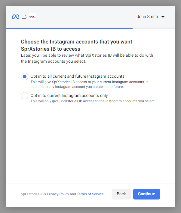 screenshot showing the instagram account permissions